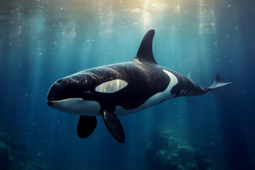 Obraz na płótnie Canvas Killer whale swimming in the deep blue ocean with sunbeams