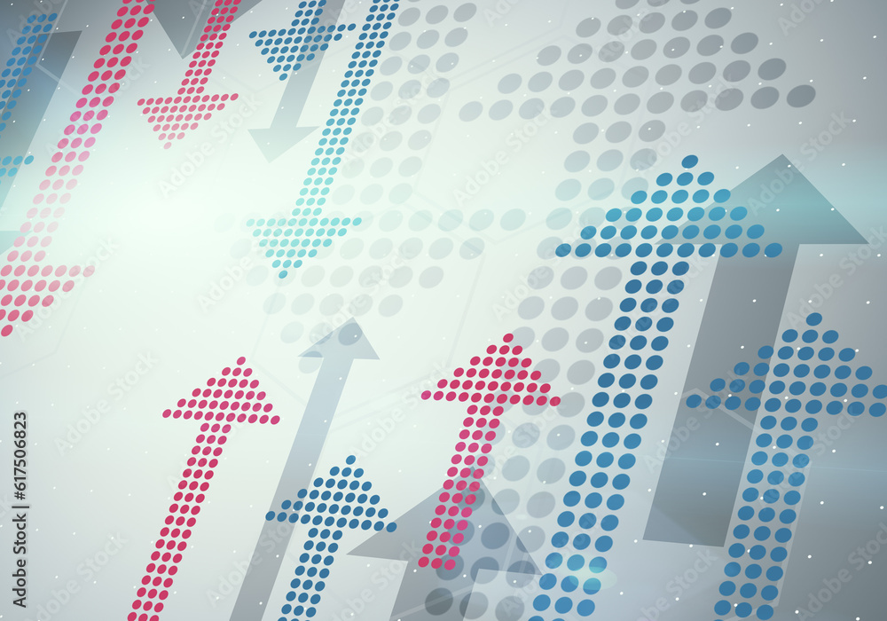 Poster two groups of dotted arrows moving opposite each other on hexagonal background