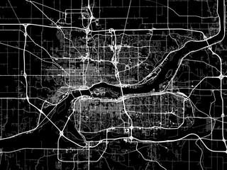 Vector road map of the city of  Davenport Iowa in the United States of America with white roads on a black background.