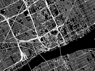 Vector road map of the city of  Detroit Center Michigan in the United States of America with white roads on a black background.