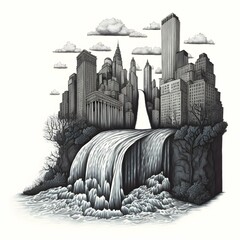 A whimsical handdrawn waterfall cascading over a city skyline 
