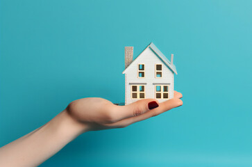 Hand holding miniature house on blue background. Generative AI.