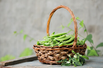 Fototapeta na wymiar Ripe green peas on a wooden table