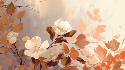 Illustration of white flowers and leaves on light beige background in oil painting brush style.