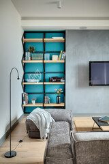 Interior in a modern style with gray walls and a blue niche, parquet with a carpet on the floor. There is a gray sofa and a pouf with a plaid, table, shelve with books and flowers, TV, player.
