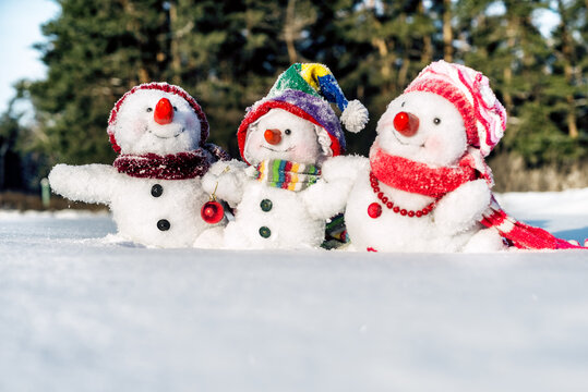 Happy snowman family with hats n the snow