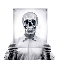  a man holding a skull in front of his face, isolated on white background