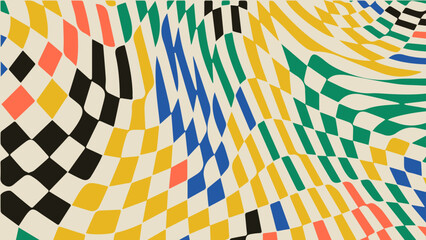 1970 retro trippy wave checkered pattern. Groovy geometric distorted grid.