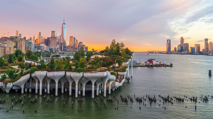 Cityscape of downtown Manhattan skyline with the Little Island Public Park in New York City at...