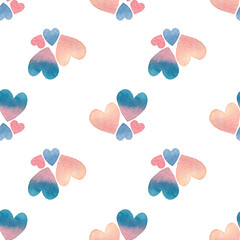 Valentine's day seamless pattern with watercolor hearts in pastel colors on white background