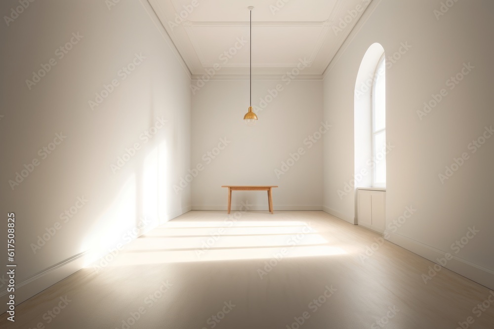 Poster empty room with a window, Luminous Serenity: A Captivating 3D Perspective of a White Room with Dappled Light, Minimalist Backgrounds, and Spectacular Backdrops