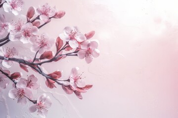 Obraz na płótnie Canvas cherry blossom background, Serenity in Pink: A Delicate Photograph of a Flowering Cherry Branch Bordering a Polished Light Pink Background, Evoking Feminine Sensibilities and Captivating
