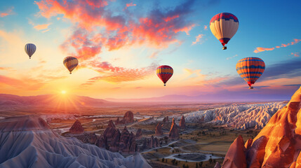 Hot air balloons flying in sunset Volcanic rock formations in Cappadocia, Anatolia, Turkey - obrazy, fototapety, plakaty