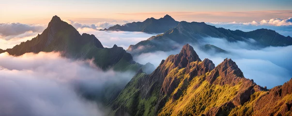 Zelfklevend Fotobehang The landscape of the Madeira Mountains with peaks above the clouds. generative ai © Michal