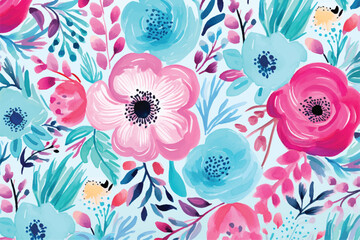 Seamless pattern of flowers with pink and blue tones. A watercolor floral design in pinks and blues. Pink flowers background. Vector illustration for print, painting, 8k, 4k, hd