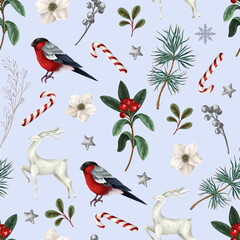 Seamless Christmas pattern with deers, bullfinch and white flowers. Vector.