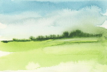 Ink watercolor landscape smoke flow stain blot on wet paper texture background. Pastel blue, green colors.