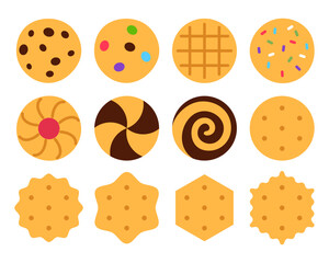 Flat cookies set isolated on white background. Yummy baked biscuit collection element design. Traditional crispy treat sign. Oatmeal chocolate cracker sprinkles cookie Minimal food vector illustration