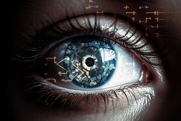 Naklejka premium eye of the hacking, Securing the Digital Realm: A Captivating Close-Up Photograph of an IT Security Symbol Reflected in a Human Eye, Revealing the Intricacies of Protection and Privacy with Elegantly 