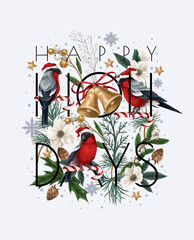 Greeting card with bullfinches, bells and white flowers. Vector.