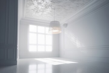 empty room with a window, Luminous Serenity: A Captivating 3D Perspective of a White Room with Dappled Light, Minimalist Backgrounds, and Spectacular Backdrops