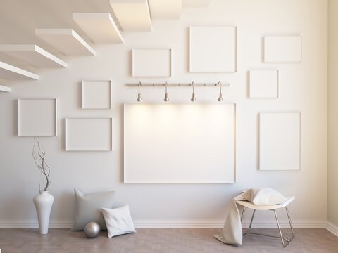 Interior mockup illustration with decor, 3d render, white wall with blank frames