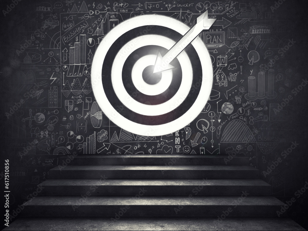 Poster stairs up to a target with the arrow etched in the wall. arrive at a goal of success concept. 3d ren