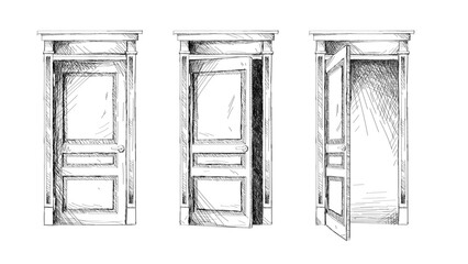 Open, ajar and closed doors, black line sketches set vector illustration. Outline front view of entrance to home or office in hand drawn style, sketchy wall with wooden doors, handles and doorways