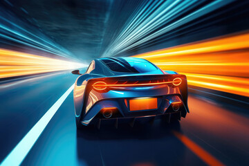 Plakat Car silhouette with motion blur effect. Futuristic sports car at night road with light effects. Supercar acceleration at night track with colored light trails. Created with Generative AI