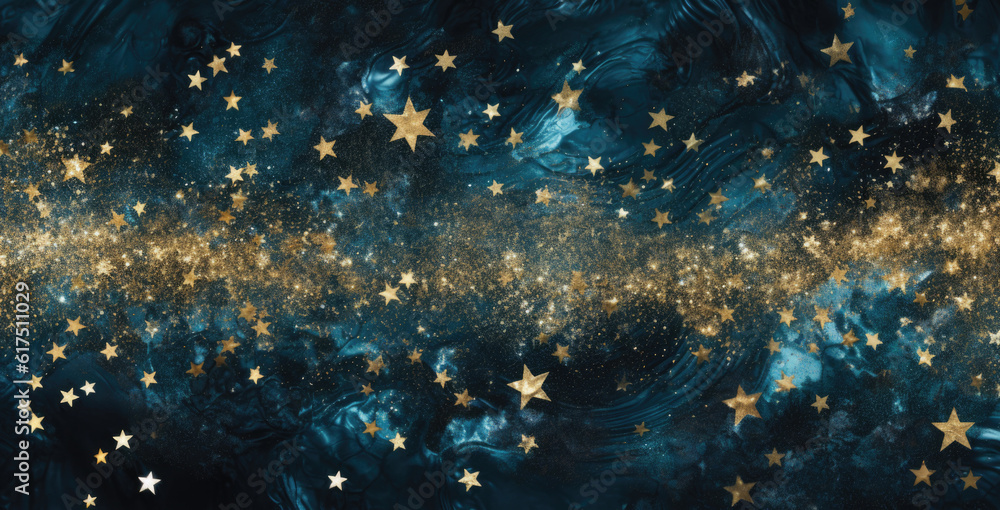 Poster background with abstract sparkles on blue background. golden glitter particles on dark background. a