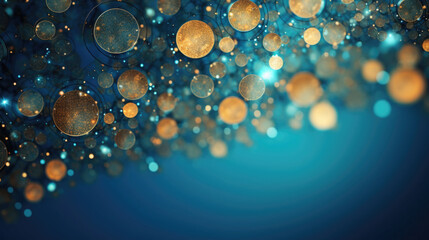 Background with abstract sparkles on blue background. Golden glitter particles on dark background. Abstract festive background. Created with Generative AI