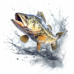 Bass jumping over water. Popular North American fish, illustration. Created with Generative AI.