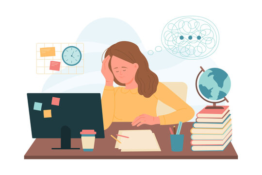 Difficulty in learning and work vector illustration. Cartoon sad tired girl sitting at computer desk with books and confusion of thoughts over head, student suffering ADHD problem, distracted focus