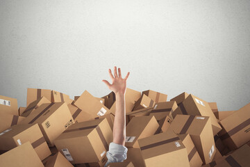 Man buried by a stack of closed cardboard boxes and wrapped with adhesive. 3D Rendering