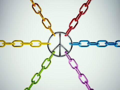 3D Rendering united for peace. chains tied to the symbol of peace