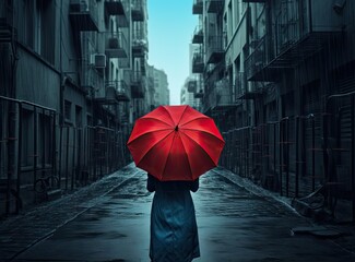 Girl walking with umbrella on rainy evening created with Generative AI technology