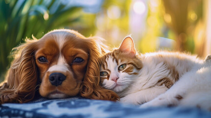 Close-up of a Cavalier King Charles Spaniel Dog and a Ginger and White Cat face-to-face