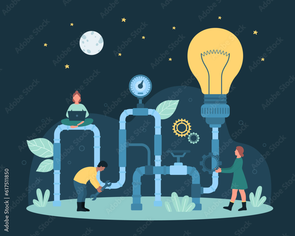 Poster cartoon tiny people work with idea generator pipeline and pipe system with bright light bulb to gene