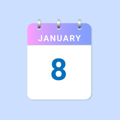 Day of 8th January Daily calendar of january month on white paper note.