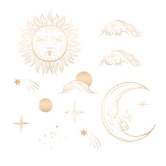 Golden graphic sun and moon isolated. Vector.