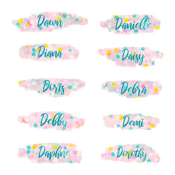 girl names that start with letter D, Dawn, Danielle, Diana, Daisy, Doris, Debra, Debby, Demi, Daphne, Dorothy, stickers, labels with decorative background, isolated, extracted, png file