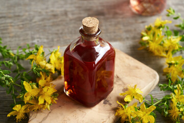 A bottle of St. John's wort oil with fresh flowers in summer