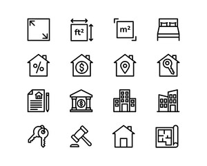 Real estate icon set. Included the icons as property, mortgage, Bedrooms, Area, Hood and more. Outline icons collection. simple Vector illustration