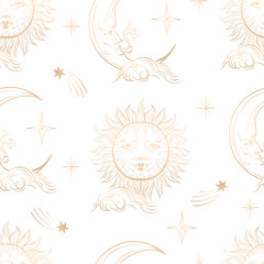 Obraz premium Seamless pattern with golden graphic sun and moon. Vector.