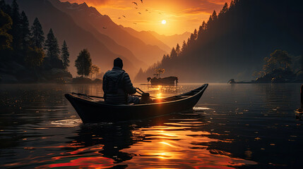 Naklejka na ściany i meble Fisherman of Lake in action when fishing, Thailand,