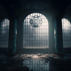 abandoned nuclear facility broken windows creepy empty horror cinematic noir insane detail 8k 