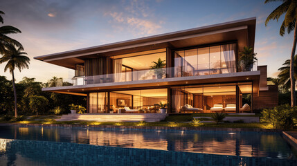 Luxury villa with pool at sunset - 617512646