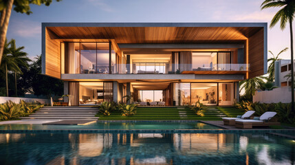 Frontal view of luxury villa with swiming pool at sunset