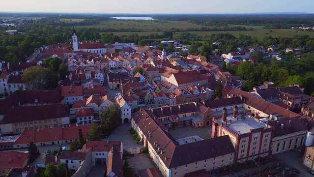 town Trebon Wittingau Bohemia czech republic Dramatic aerial view flight drone