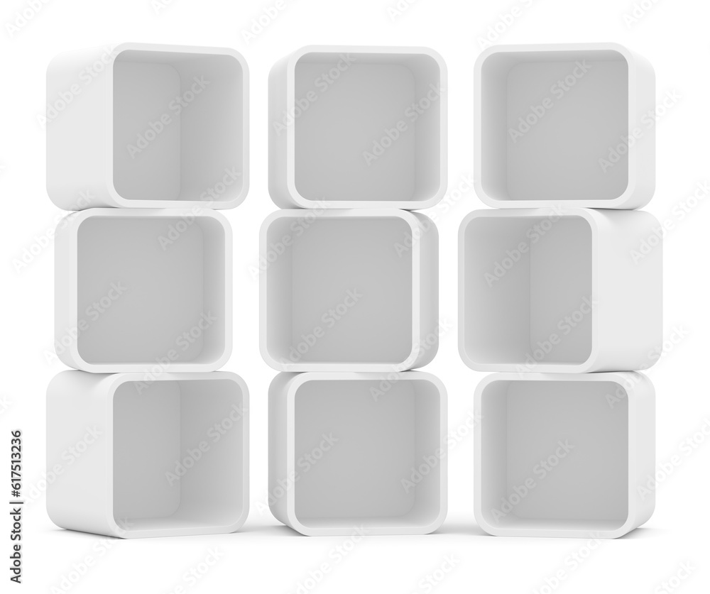 Poster three empty white rounded showcase. isolated on white. mock-up. template shelves. 3d rendering
